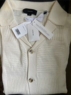 NWT Vince Cream Openwork Knit Button-Front Top (L)